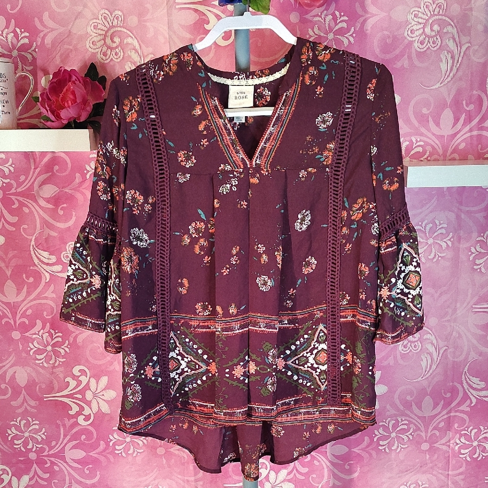 Knox Rose Plum Floral Boho Blouse